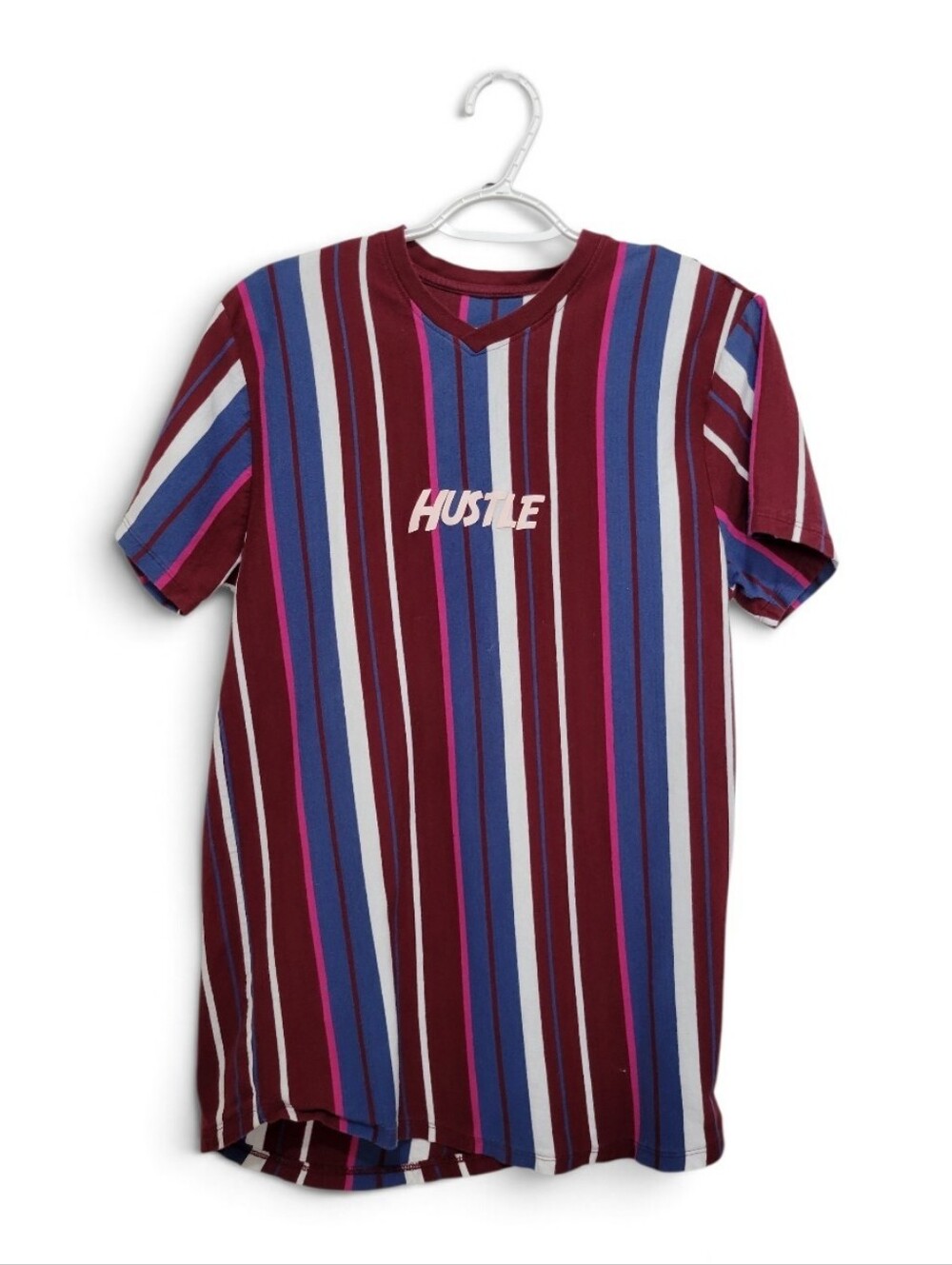 Vox Populi HUSTLE Men's Burgundy Striped V-Neck Tee Large